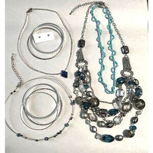 Silver & Blue Jewelry Set With Bangles Chains & Beaded Necklaces